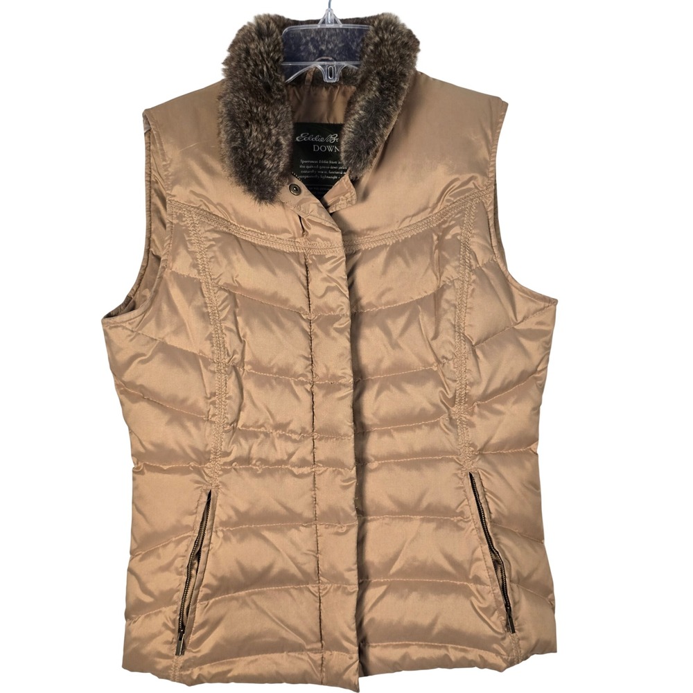 Eddie Bauer Womens Tan Bronze Goose Down Puffer Vest Faux Fur Collar Small